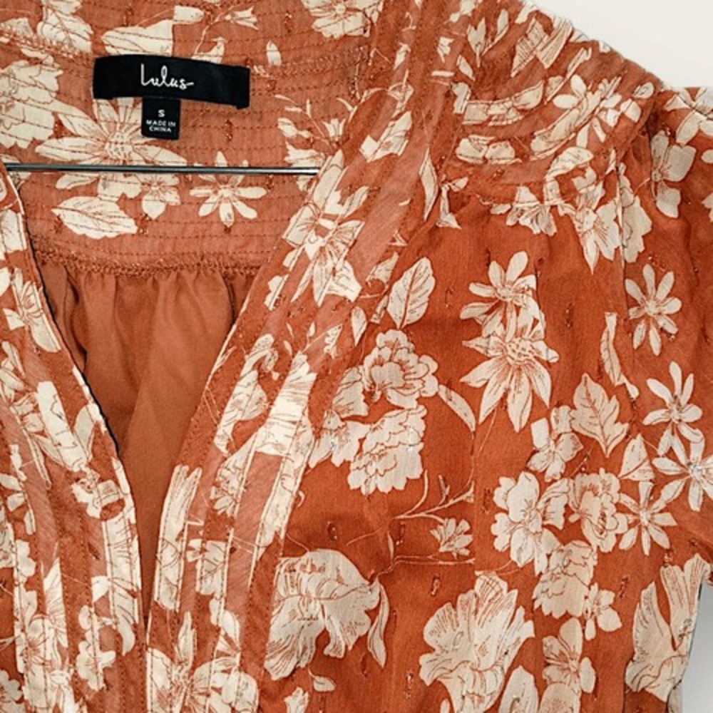 Lulus Small Burnt Orange Floral Mini Dress Long Sleeve Deep V Boho Flowery Beads - Picture 9 of 16